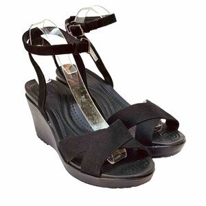 Crocs Leigh II Cross Strap Ankle Wedge Sandals Black Buckle Women 9